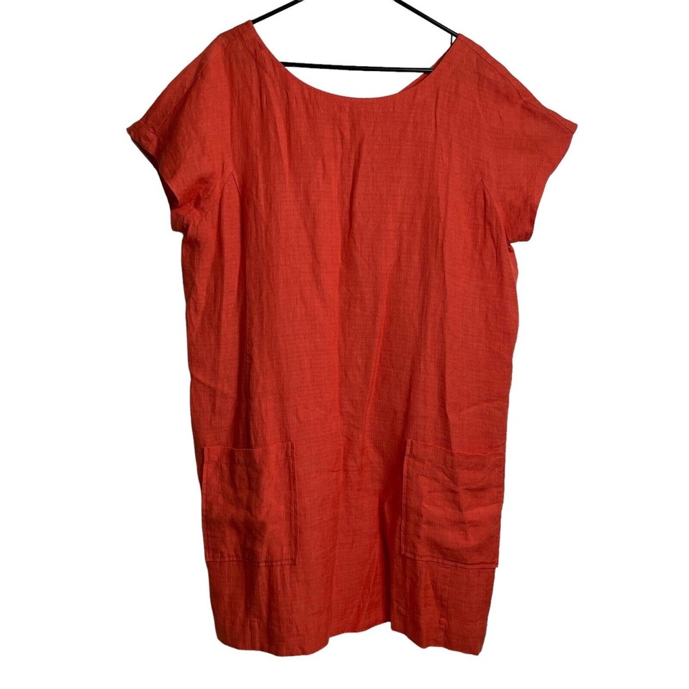Eileen FIsher Dress Womens XL Coral Short Sleeve Linen Patch Pocket